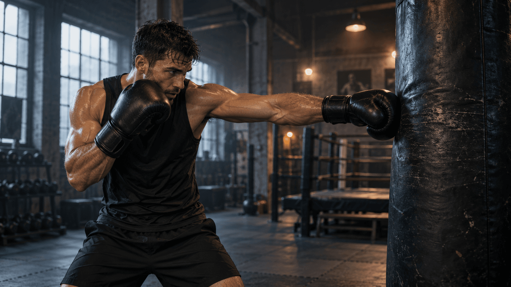 A boxer throwing a straight punch into a heavy bag in a boxing gym