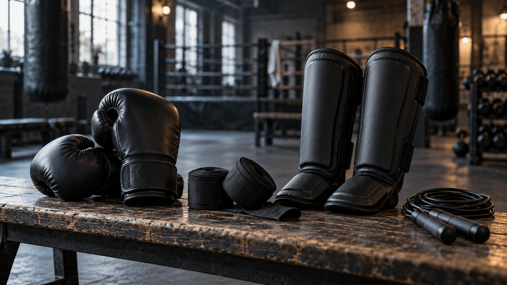 Boxing gloves, hand wraps, shin guards and a skipping rope laid out on a bench in a combat sports gym