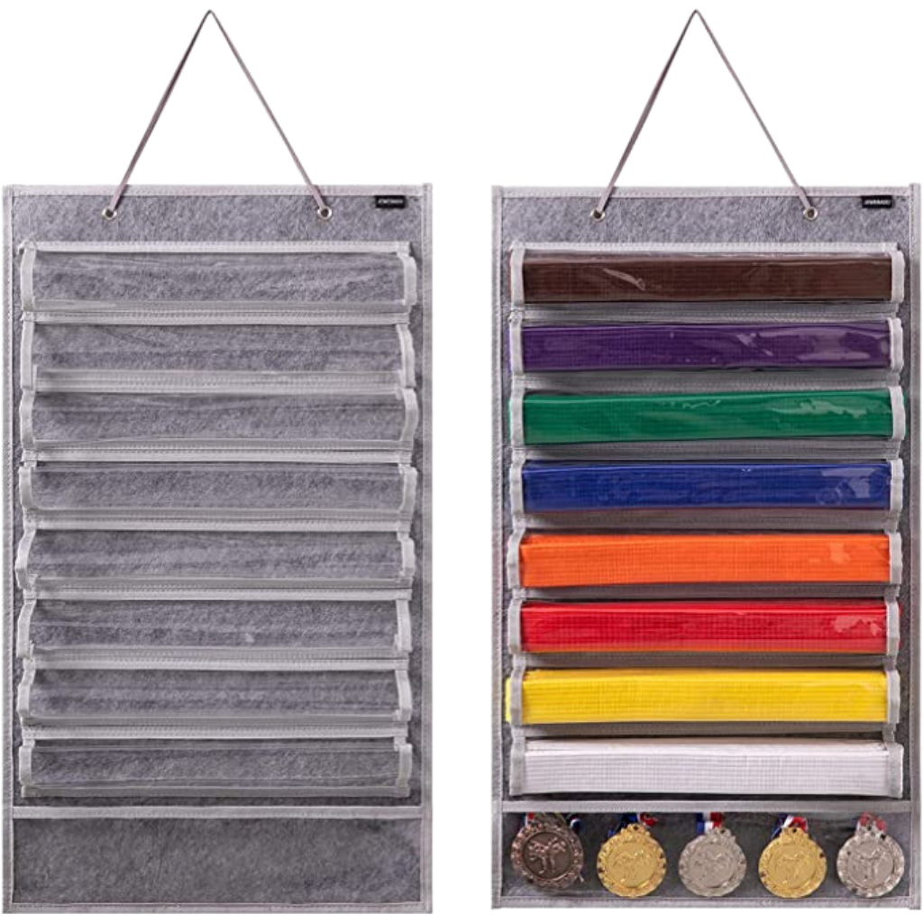 JEWERADO Karate Martial Arts Taekwondo Belt Display Holder Wall Hanging for 8 Belts, Hold 5 Medals Feature Image