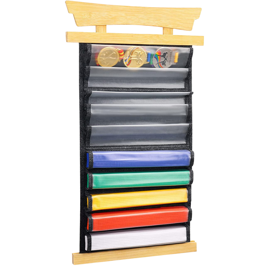 Tilhumt 10 Belt Karate Belt Display Rack with Dust Cover, Felt Martial Arts Belts Holder, Bamboo Taekwondo Belt Display Organizer Storage Feature Image