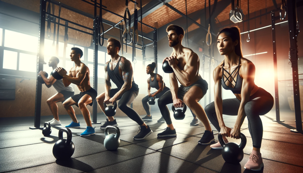 People lifting kettlebells in the gym