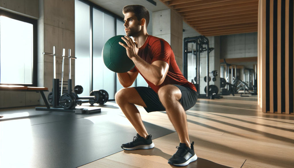 Man doing a squat while holding a medicine ball.