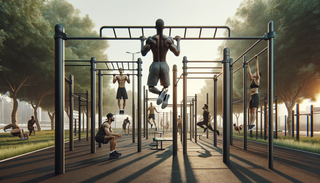 People working out of pull up bars