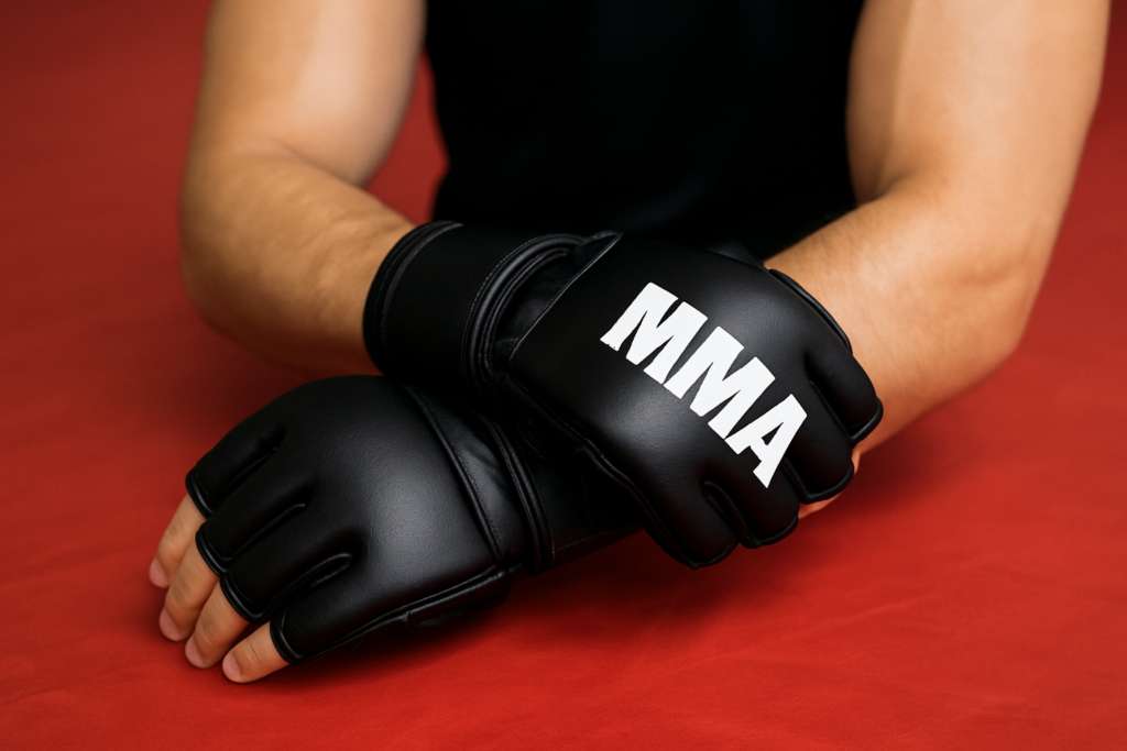 A pair of black MMA gloves resting on a gym mat