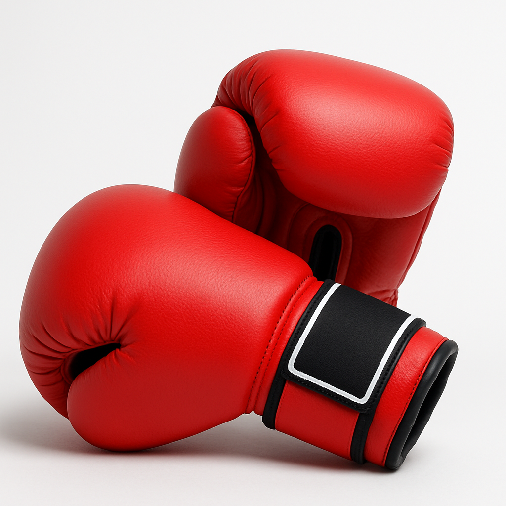 A pair of red boxing gloves placed on a gym mat
